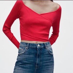 ZARA strawberry red ribbed crop long sleeve faux wrap top  NWT size: large